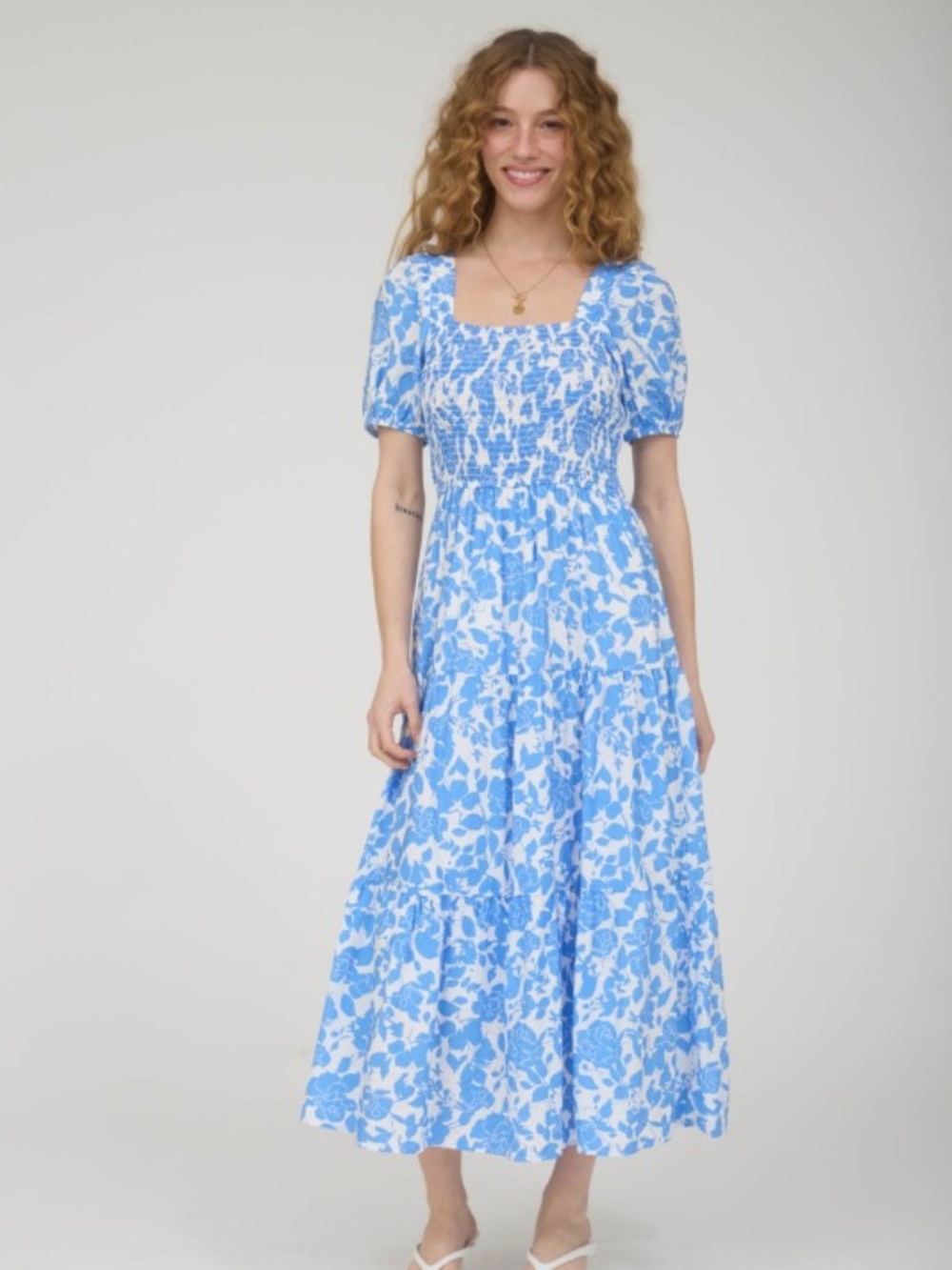 Floral Puff Sleeve Smocked Tiered Midi Dress